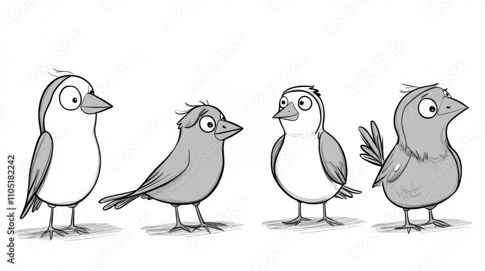 Whimsical Avian Art: Cartoon Birds on White Background Whimsical Avian Art: Cartoon Birds on White Background