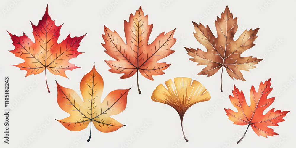 Fototapeta premium Autumn Watercolor Leaves Collection: A vibrant set of watercolor maple and ginkgo leaves in warm autumnal hues. Perfect for seasonal designs and fall-themed projects.