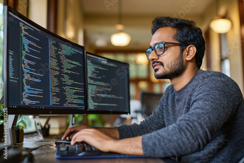 Fototapeta Indian male programmer working on computer