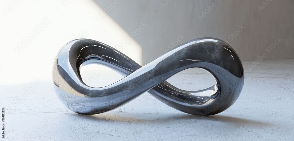 Foresee a 3D infinity symbol crafted from matte grey glass, with gentle reflections, placed on a vivid white background. Foresee a 3D infinity symbol crafted from matte grey glass, with gentle reflections, placed on a vivid white background.
