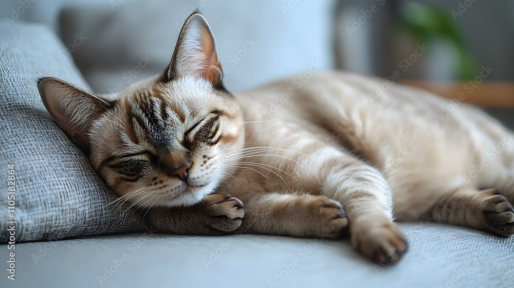 Closeup portrait of a cozy grey and white tabby cat napping peacefully on a soft plush sofa cushion in a comfortable indoor living room setting The feline looks calm and serene Closeup portrait of a cozy grey and white tabby cat napping peacefully on a soft plush sofa cushion in a comfortable indoor living room setting The feline looks calm and serene