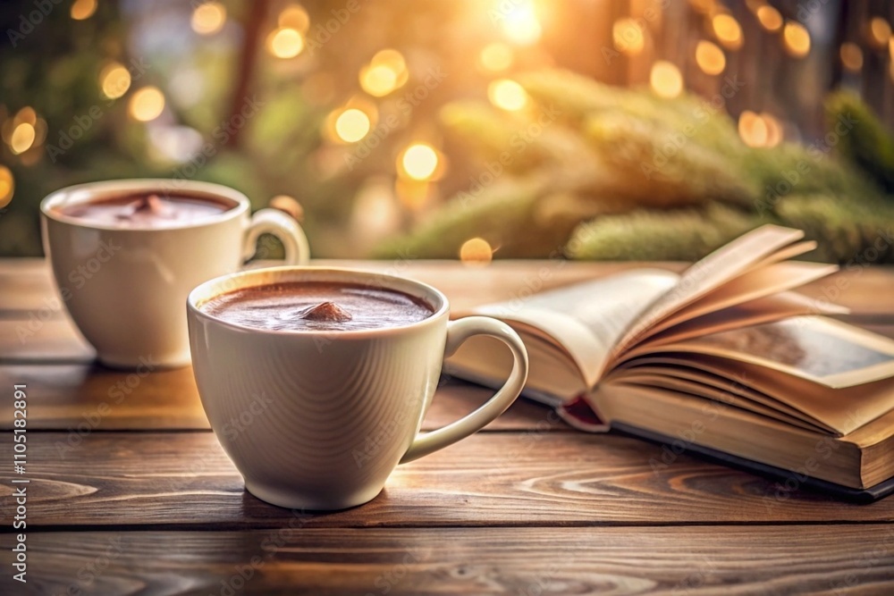 Two coffee cups on table beside a open book, reading and relaxing Two coffee cups on table beside a open book, reading and relaxing