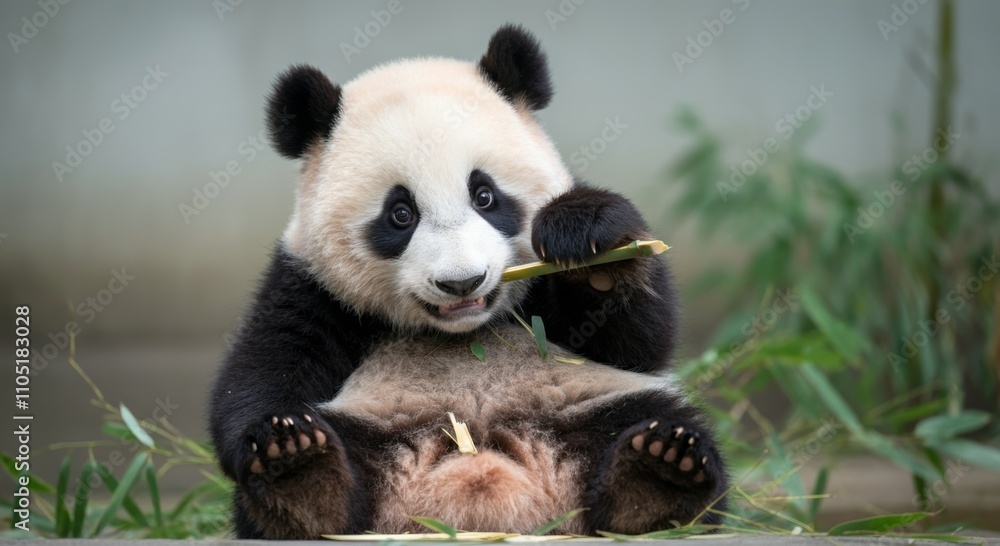 Adorable baby panda sitting and eating bamboo in natural habitat Adorable baby panda sitting and eating bamboo in natural habitat