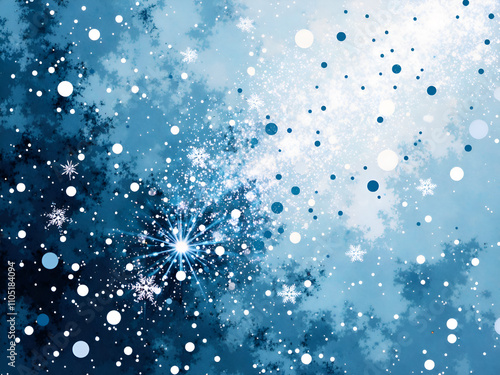 Enchanting winter scene with magical snowflakes and shimmering blue tones, digital art of abstract concept.