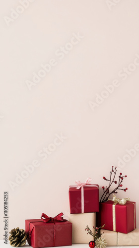 Elegant arrangement of stacked gift boxes on minimal background