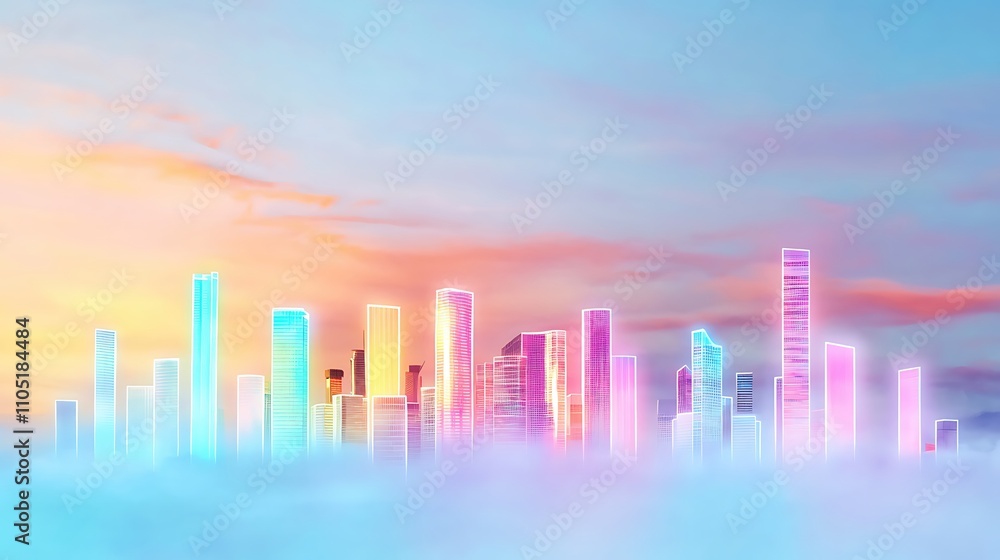 Fototapeta premium Colorful City Skyline with Neon Lights at Sunset