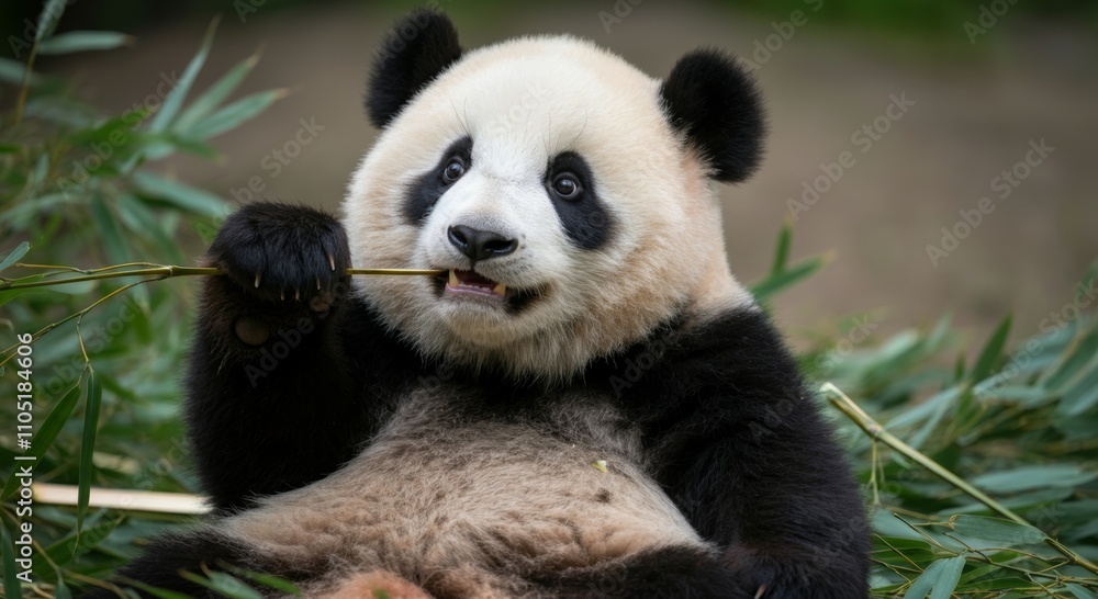 Obraz premium Giant panda eating bamboo in natural habitat