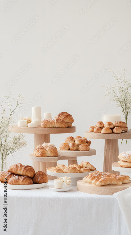 Fototapeta premium Delightful dessert display with croissants and rolls on wooden stands