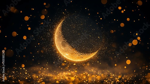 A sequence of golden fireworks framing a crescent moon in the midnight sky