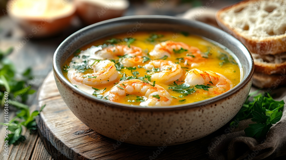 Shrimp soup in garlic broth with fresh herbs served in a rustic bowl Shrimp soup in garlic broth with fresh herbs served in a rustic bowl