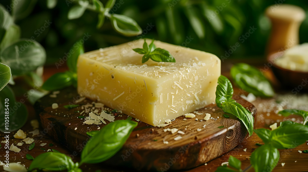 Basil and Cheese Block on Wood - Realistic Food Image Basil and Cheese Block on Wood - Realistic Food Image