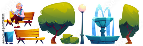 City park design elements set isolated on white background. Vector cartoon illustration of old man reading newspaper on wooden bench, fountain, street lantern, summer green trees and bush, waste bin