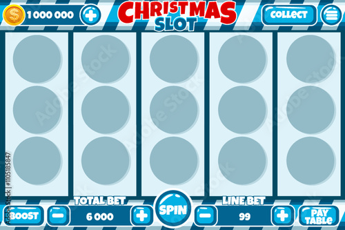 Casino slot machine, game UI design, gambling mobile app concept for the Christmas or candy themed Casino Game. The vector slot game user interface with basic buttons