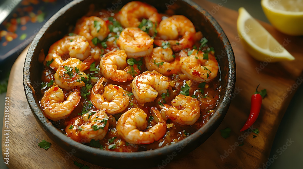 Spicy shrimp in garlic sauce with fresh coriander served in a rustic pan Spicy shrimp in garlic sauce with fresh coriander served in a rustic pan