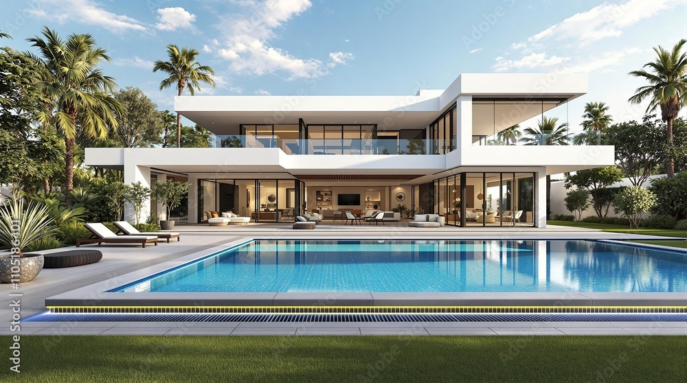 Fototapeta premium Exterior of amazing modern minimalist cubic villa centered with large swimming pool among palm trees