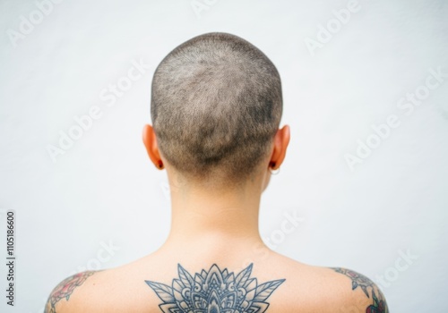 Female with shaved head and tattoos viewed from behind against white background photo