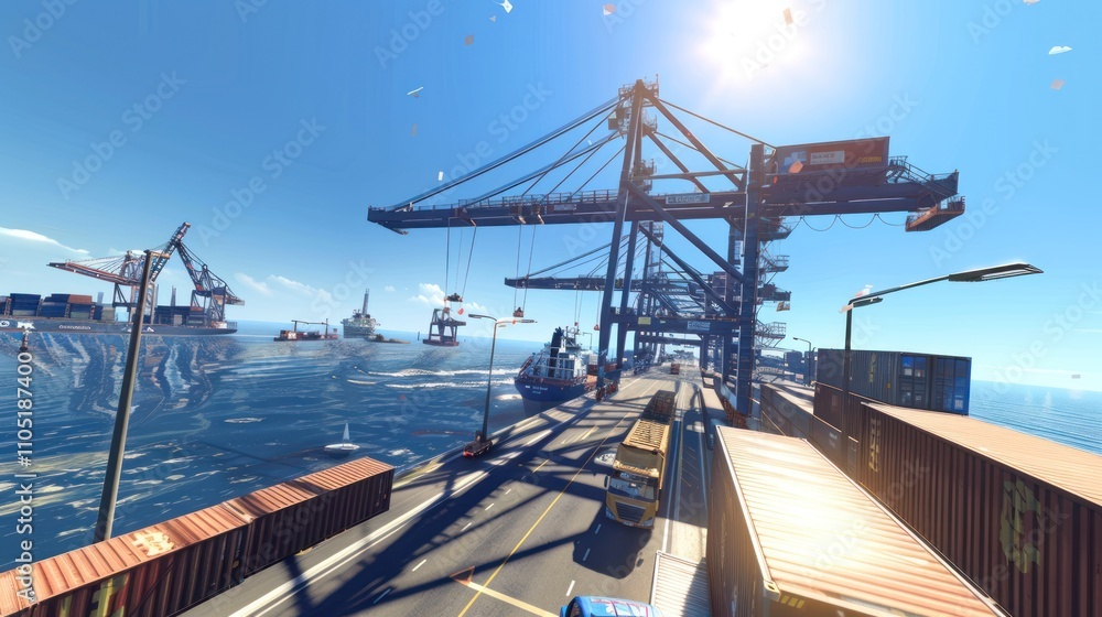 A vibrant port scene with large cranes loading containers onto a cargo ship, trucks transporting goods, and a clear blue sky reflecting off the water, capturing a busy, modern harbor environment. A vibrant port scene with large cranes loading containers onto a cargo ship, trucks transporting goods, and a clear blue sky reflecting off the water, capturing a busy, modern harbor environment.