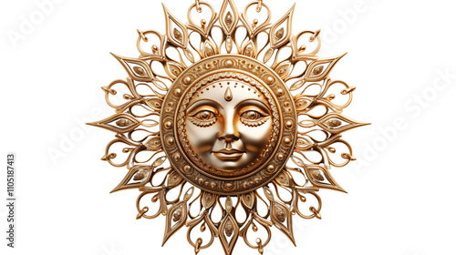 A stunning golden metallic sun with a face. Perfect for adding a touch of vintage luxury and bohemian style to your living room or bedroom, isolated on transparent background. photo