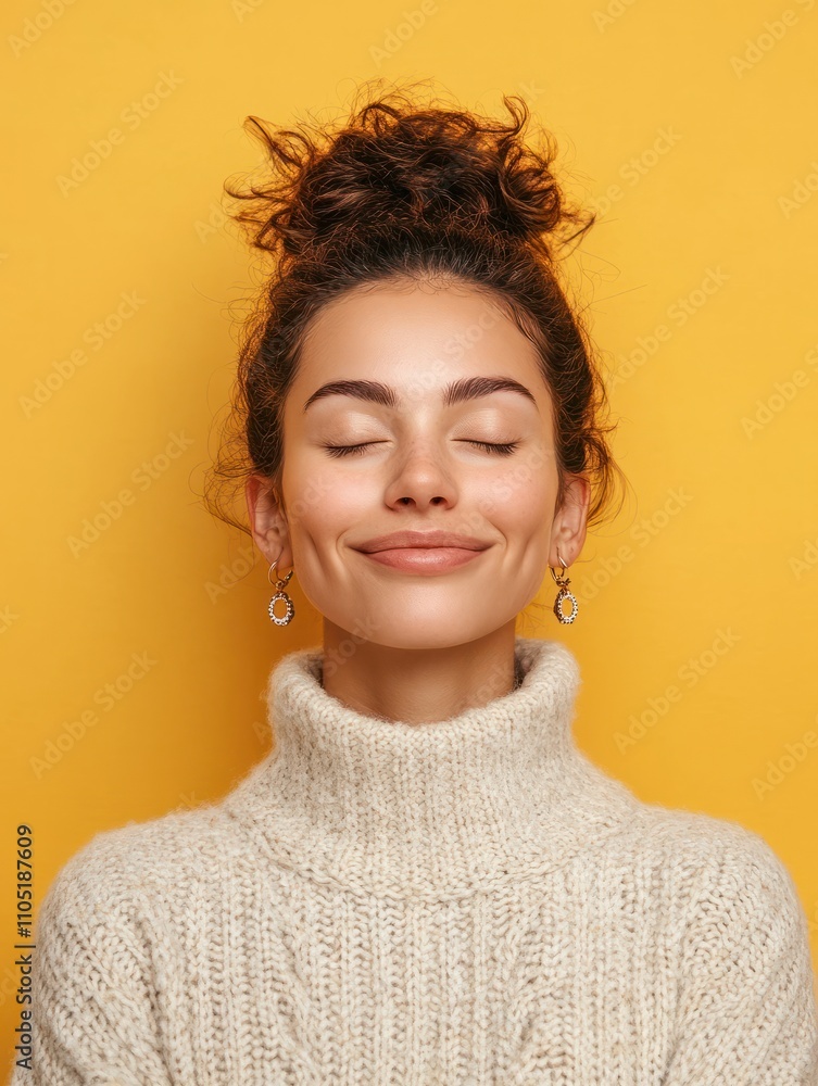 © Johannes - Happy calm patient young woman makes zen nirvana gesture meditates with closed eyes practices yoga has combed hair wears earrings and casual jumper smiles happily isolated over yellow background.