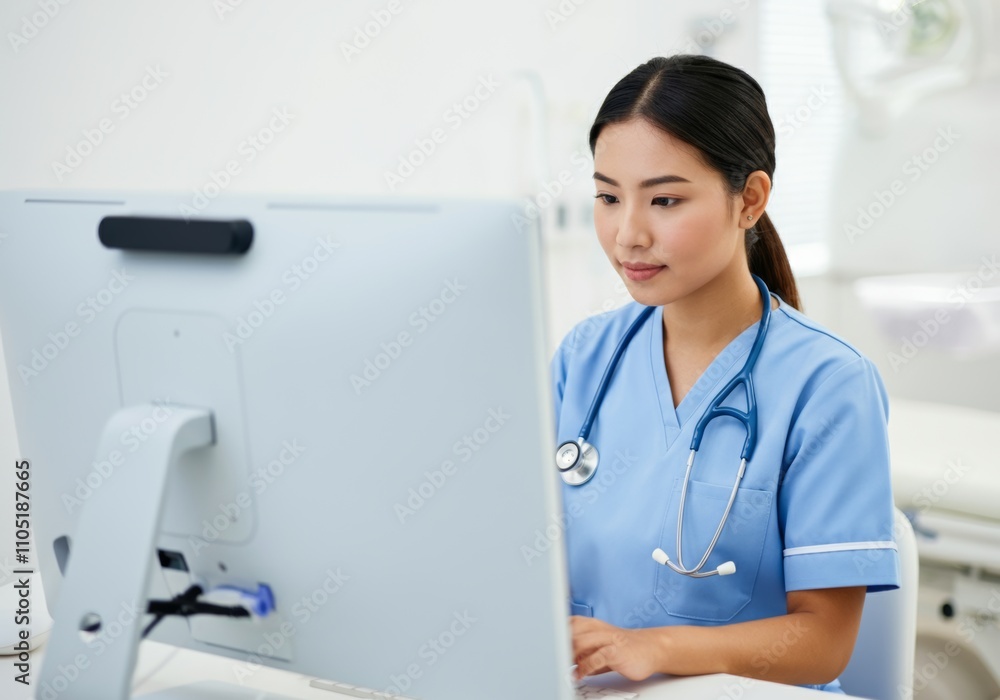 Asian female nurse in blue scrubs working on computer in medical office Asian female nurse in blue scrubs working on computer in medical office