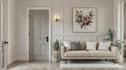 Farmhouse, classic, french country interior design of modern home hall, entryway with door. Cozy beige sofa with textured pillows, set against paneling walls with modern decor and wall art