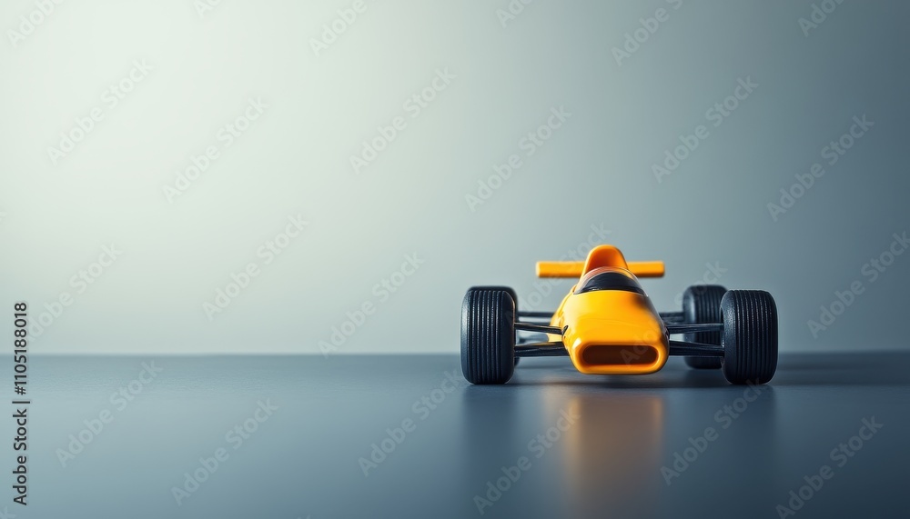 Obraz premium A Stunning View of a Yellow Formula 1 Race Car Model on a Smooth Gray Surface Against a Neutral Background, Displaying a Sense of Speed and Minimalism