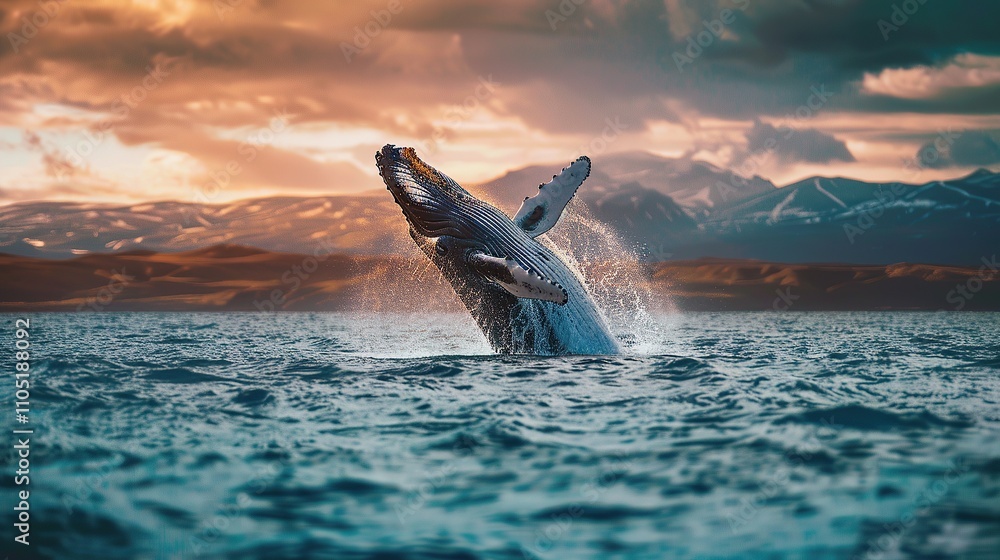 Fototapeta premium Humpback Whale Leaping at Sunset