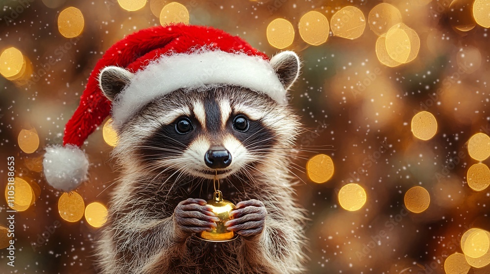 Festive Raccoon with Santa Hat and Bell in Cozy Setting Festive Raccoon with Santa Hat and Bell in Cozy Setting