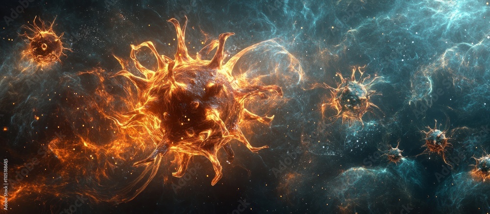 Virus morphing into new forms, glowing with unstable energy Virus morphing into new forms, glowing with unstable energy