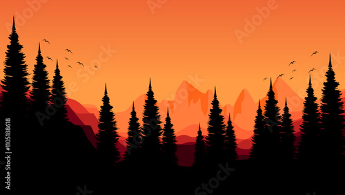 morning sunrise mountain view with pine forest silhouette good for poster template, web banner, blog banner, website background, tourism promo poster, adventure design backdrop and advertising