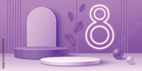 3d happy 8 march podium background. International women event banner with number, neon light and product stage for sale. Minimal purple scene for greeting or cosmetic presentation. Showroom with arch