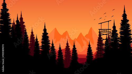 morning sunrise mountain view with pine forest silhouette good for poster template, web banner, blog banner, website background, tourism promo poster, adventure design backdrop and advertising