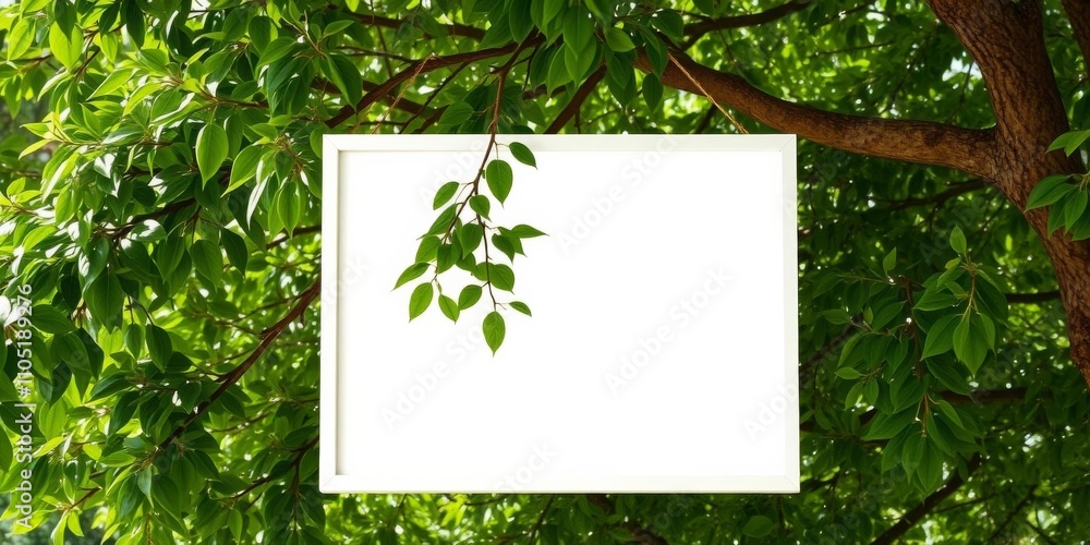 A white border frame with a single green leaf suspended in the center, hanging from a tree branch, background, minimalist A white border frame with a single green leaf suspended in the center, hanging from a tree branch, background, minimalist