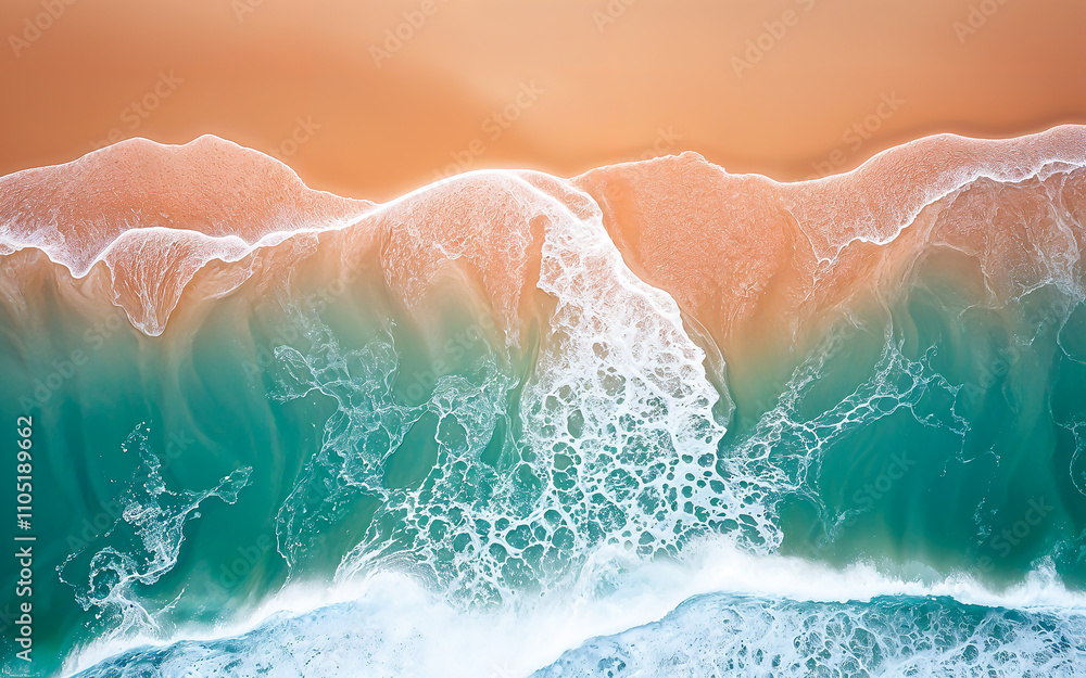 Fototapeta premium Aerial view of turquoise ocean wave reaching the coastline. Beautiful tropical beach from top view