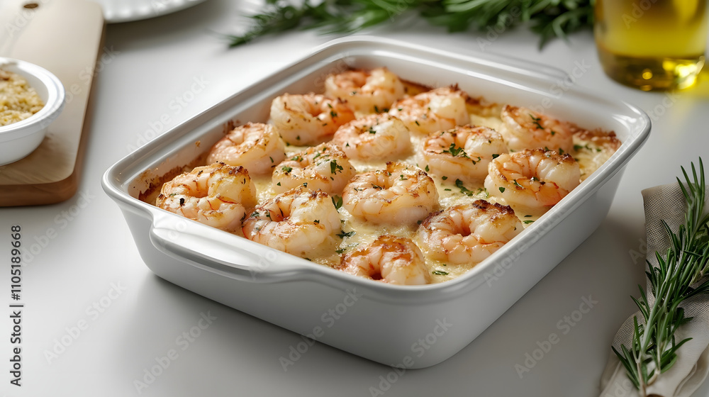 Baked shrimp in garlic sauce with herbs in a white casserole dish Baked shrimp in garlic sauce with herbs in a white casserole dish