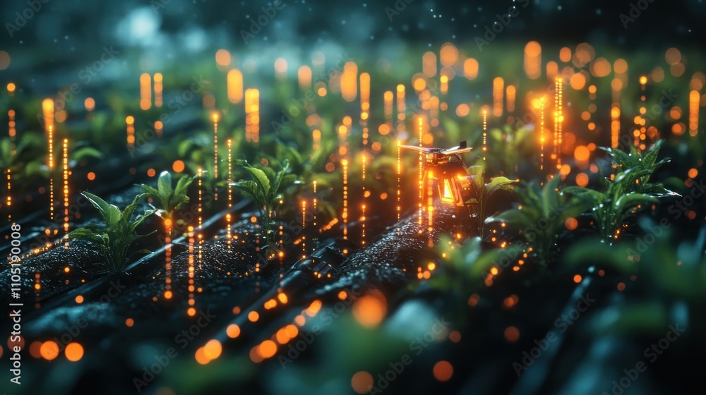 A drone flying over a field of glowing plants in a futuristic farming scene. A drone flying over a field of glowing plants in a futuristic farming scene.