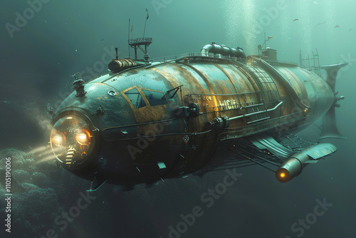 Beautiful large bathyscaphe floating in middle of ocean during exploration photo