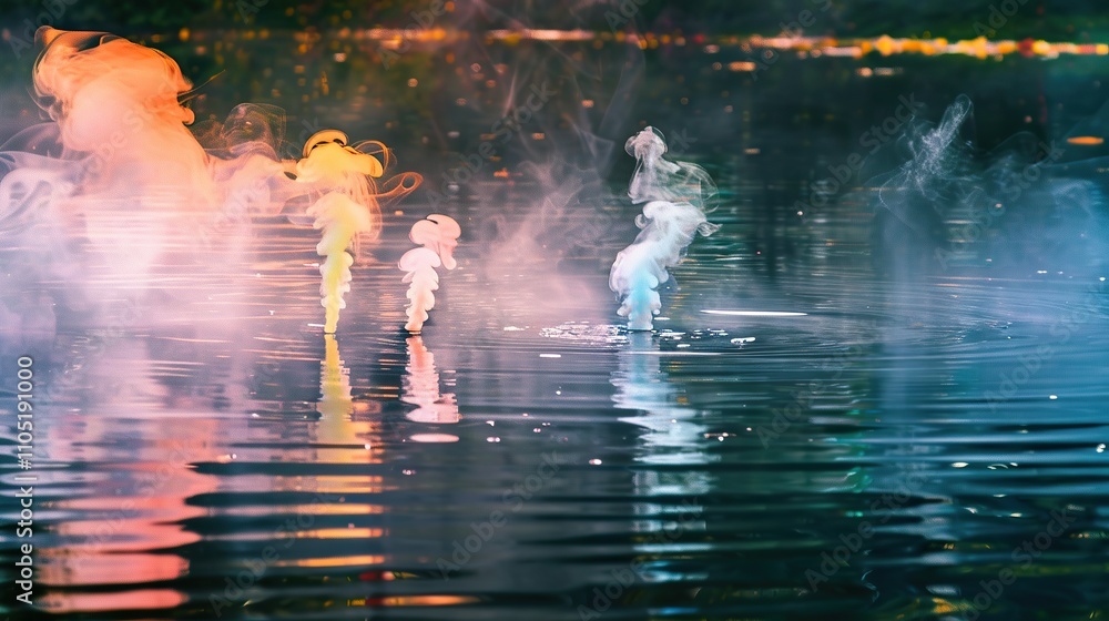 Fototapeta premium Colorful Smoke Plumes Rising from Still Water