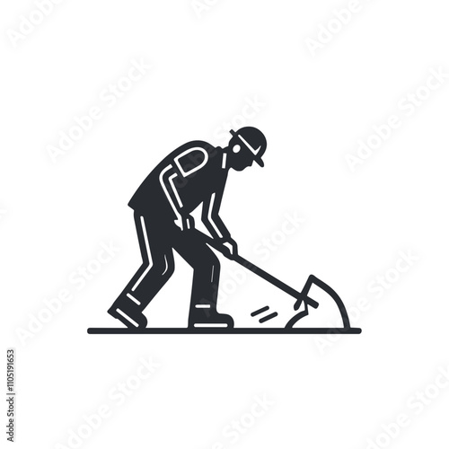 Industrial Worker with Shovel in Simple Black Line Art Showing Manual Labor