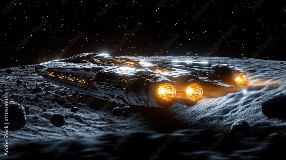 Fototapeta premium A futuristic spaceship lands on a moon surface.