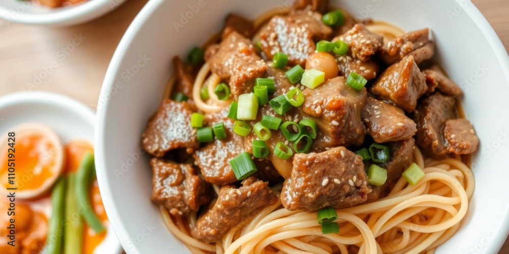 Stir fry noodles with beef and vegetables in a white bowl, garnished with green onions and sesame seeds, healthy, authentic Stir fry noodles with beef and vegetables in a white bowl, garnished with green onions and sesame seeds, healthy, authentic
