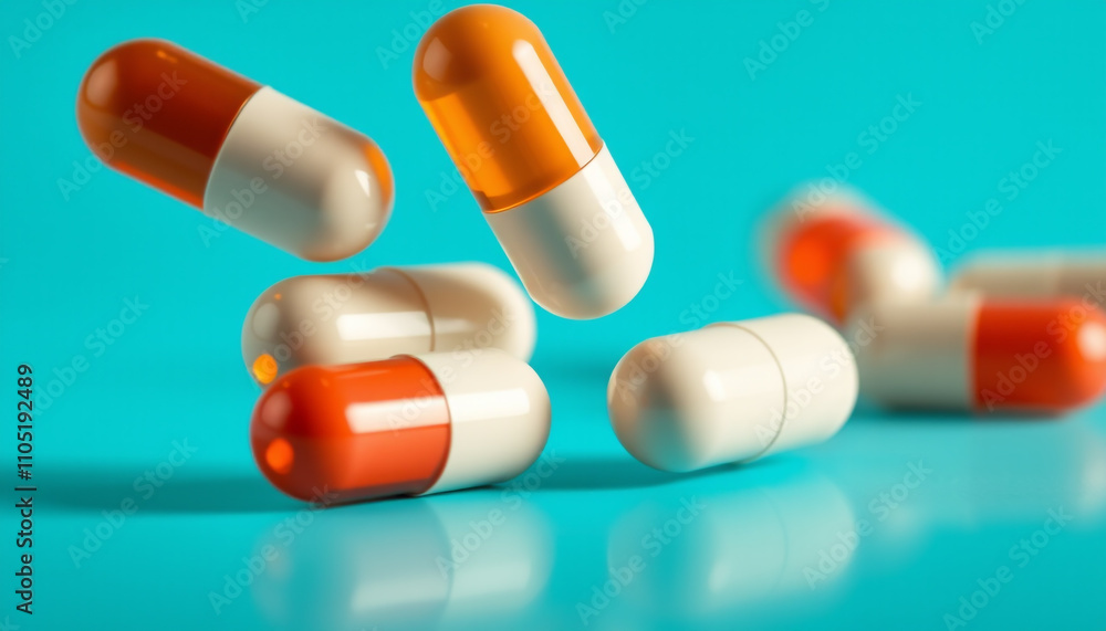 A Studio Shot of Antibiotic Pill or Capsules Falling on a Light Green Background. A Studio Shot of Antibiotic Pill or Capsules Falling on a Light Green Background.