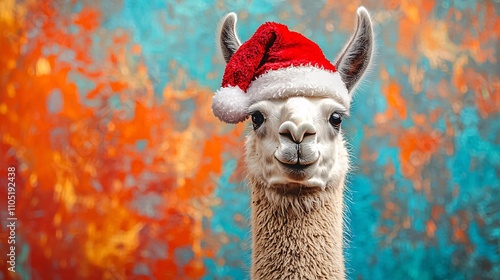 Cheerful Llama in Santa Hat against Vibrant Andean Background photo