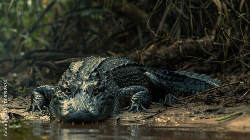 The image shows a crocodile resting by a calm forest stream. Its textured scales glisten in the light, blending with the natural surroundings, while dense greenery adds depth to the wild habitat. The image shows a crocodile resting by a calm forest stream. Its textured scales glisten in the light, blending with the natural surroundings, while dense greenery adds depth to the wild habitat.
