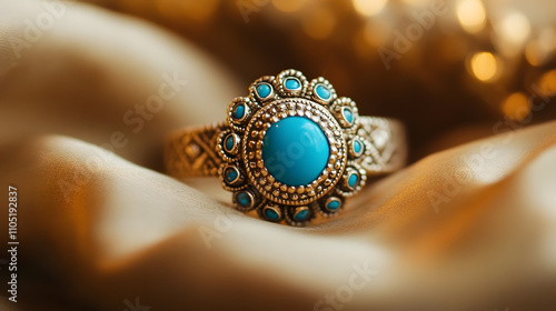 Turquoise statement ring with intricate silver design on golden satin fabric photo