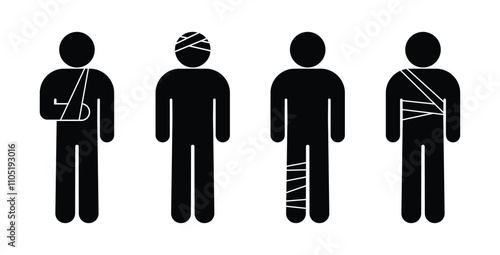 stickman with bandage, bandaged man, icon, stick figure people, isolated silhouettes, character, injury illustration