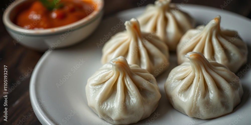 Traditional dumpling momos from Nepal served with tomato chutney on a moody background with selective focus, cuisine, tomato chutney Traditional dumpling momos from Nepal served with tomato chutney on a moody background with selective focus, cuisine, tomato chutney