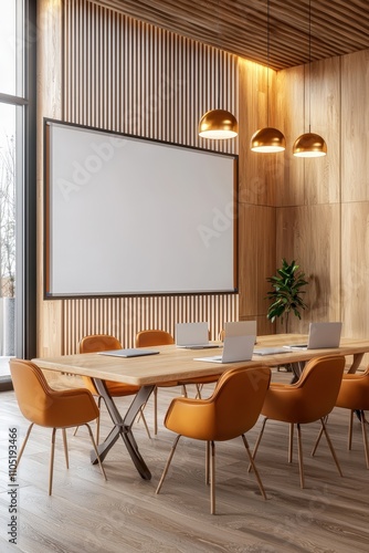 Modern Conference Room with Wooden Decor and Bright Lighting