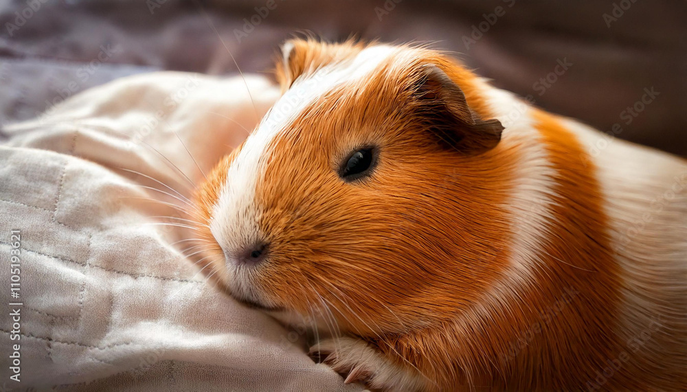 Close-up of the Guinea pig sleeping on bed, top down view with a blurred background, soft light. Close-up of the Guinea pig sleeping on bed, top down view with a blurred background, soft light.