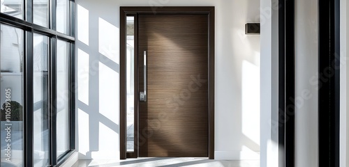 A modern dark walnut door with a sidelight and minimalist white walls, featuring soft sunlight.